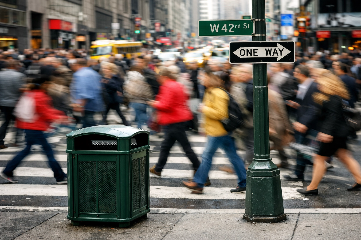 Intentional motion blur of commuters at a busy crosswalk showing energetic street photography ideas.