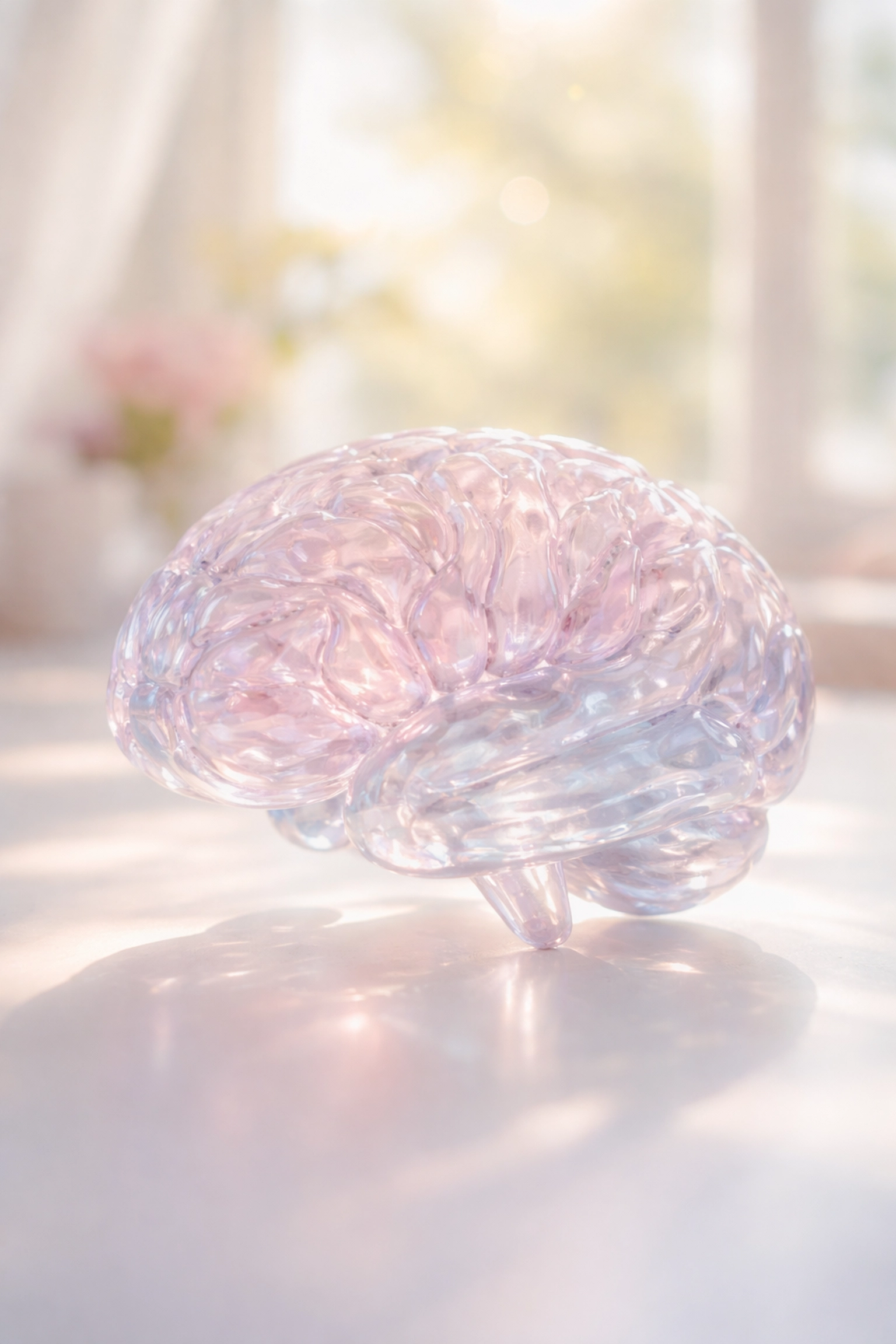 Glass brain model on white surface with soft pastel colors, symbolizing ADHD brain complexity