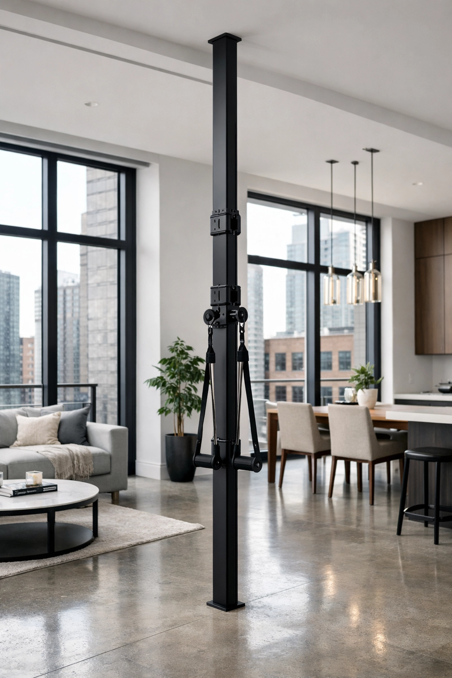 Matte black resistance rail in an urban loft providing a compact calisthenics equipment setup for home.