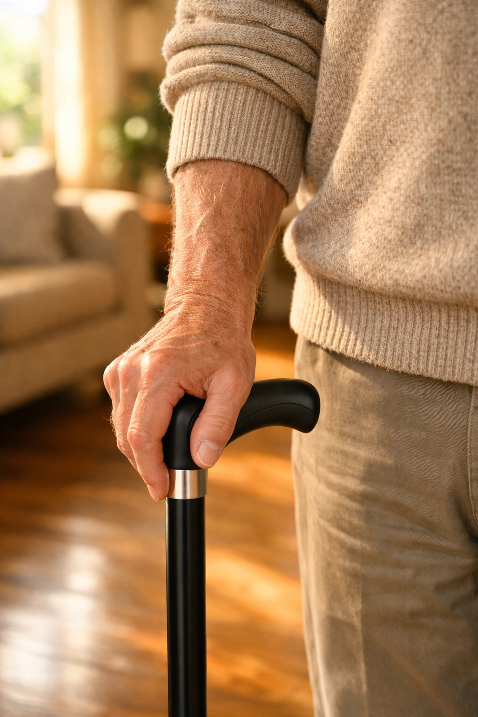 Proper cane height measurement showing the handle aligning with a person's wrist crease.