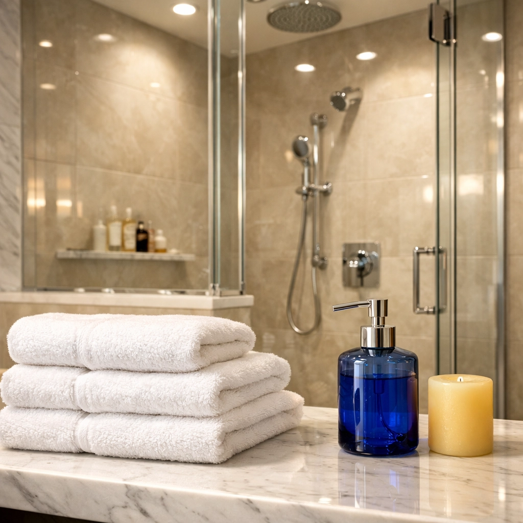 Sparkling apartment bathroom featuring a clear glass shower and fresh white towels.