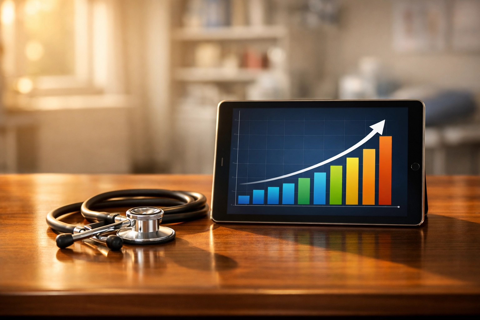 A medical growth chart and stethoscope highlighting loans for a medical clinic with bad credit.