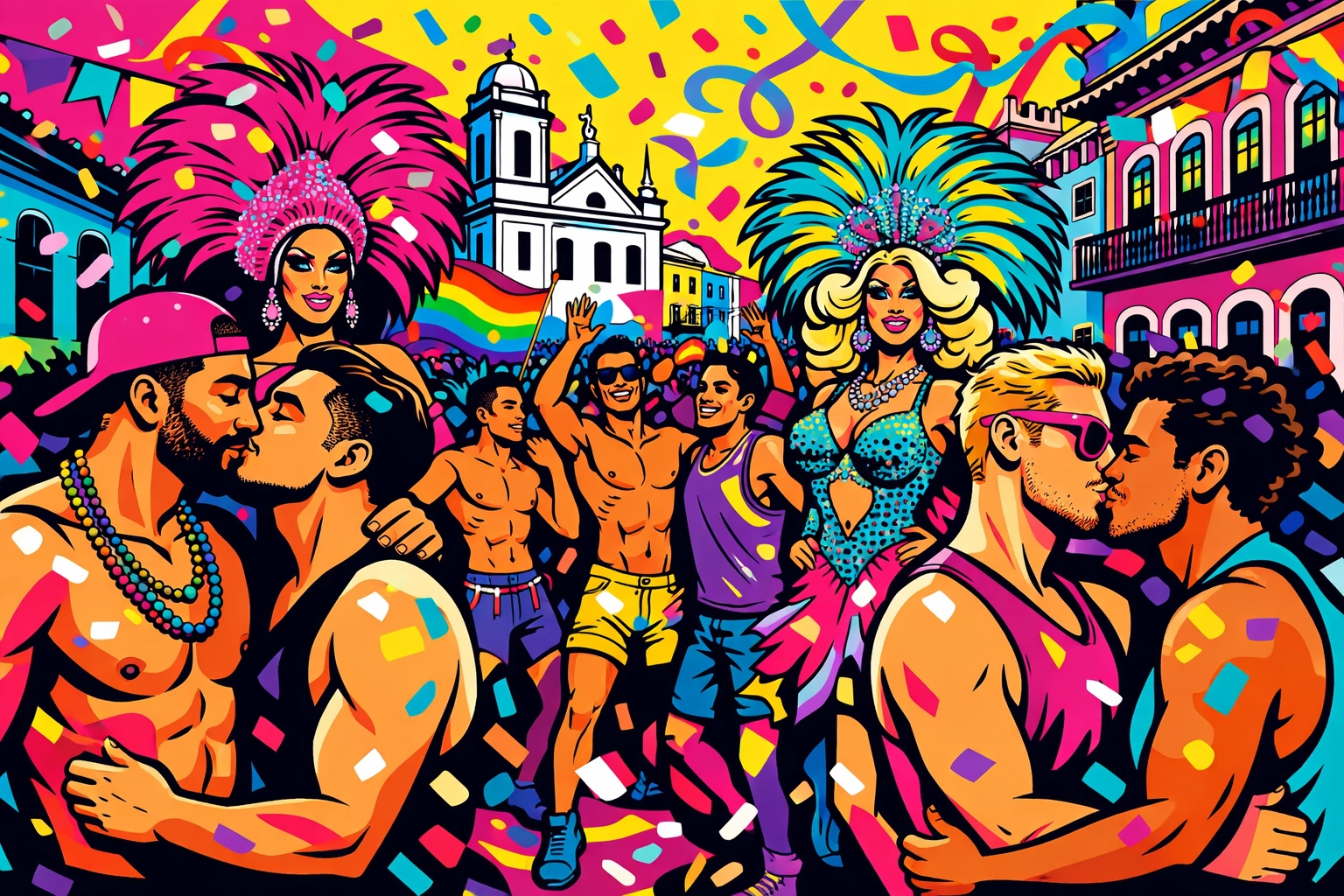 LGBTQ+ couples and drag queens celebrating at Rio Carnival street party bloco