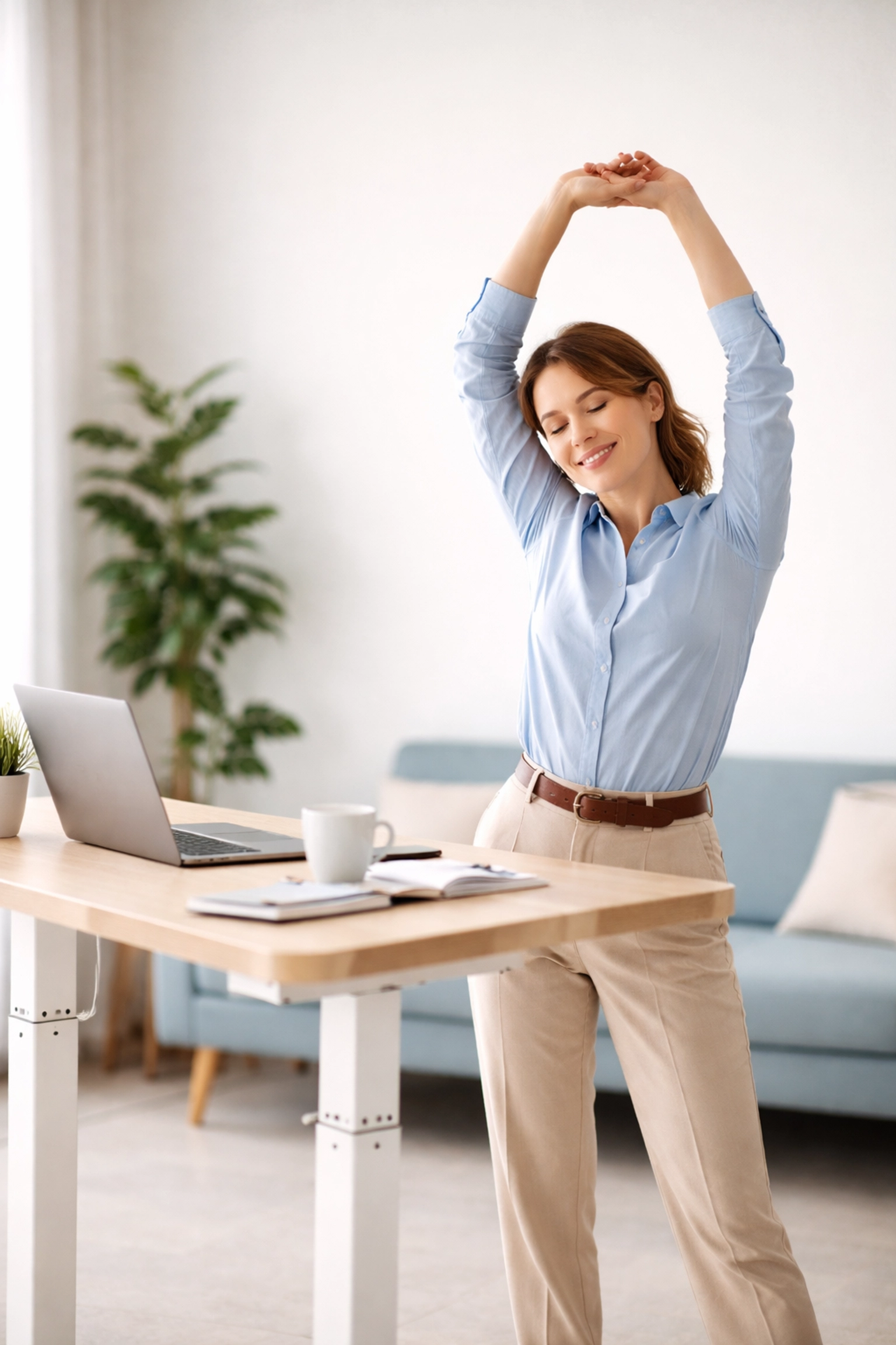Tax professional doing gentle standing stretches beside a minimalist desk, illustrating stress relief through movement