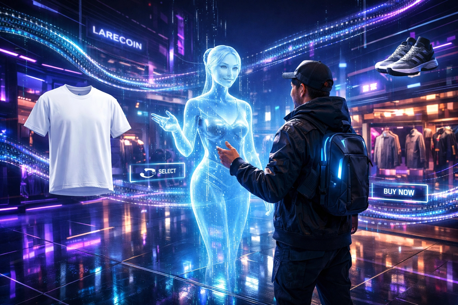 AI-powered metaverse shopping experience where a customer buys Larecoin apparel using secure crypto payments.