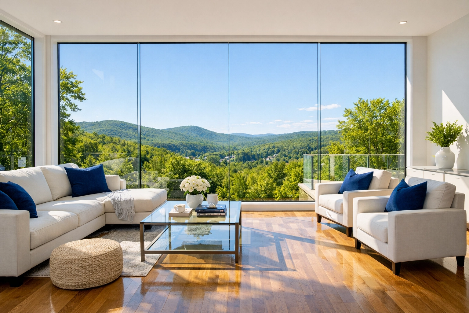 A bright Fitchburg living room with spotless floor-to-ceiling windows showing a clear outdoor view.