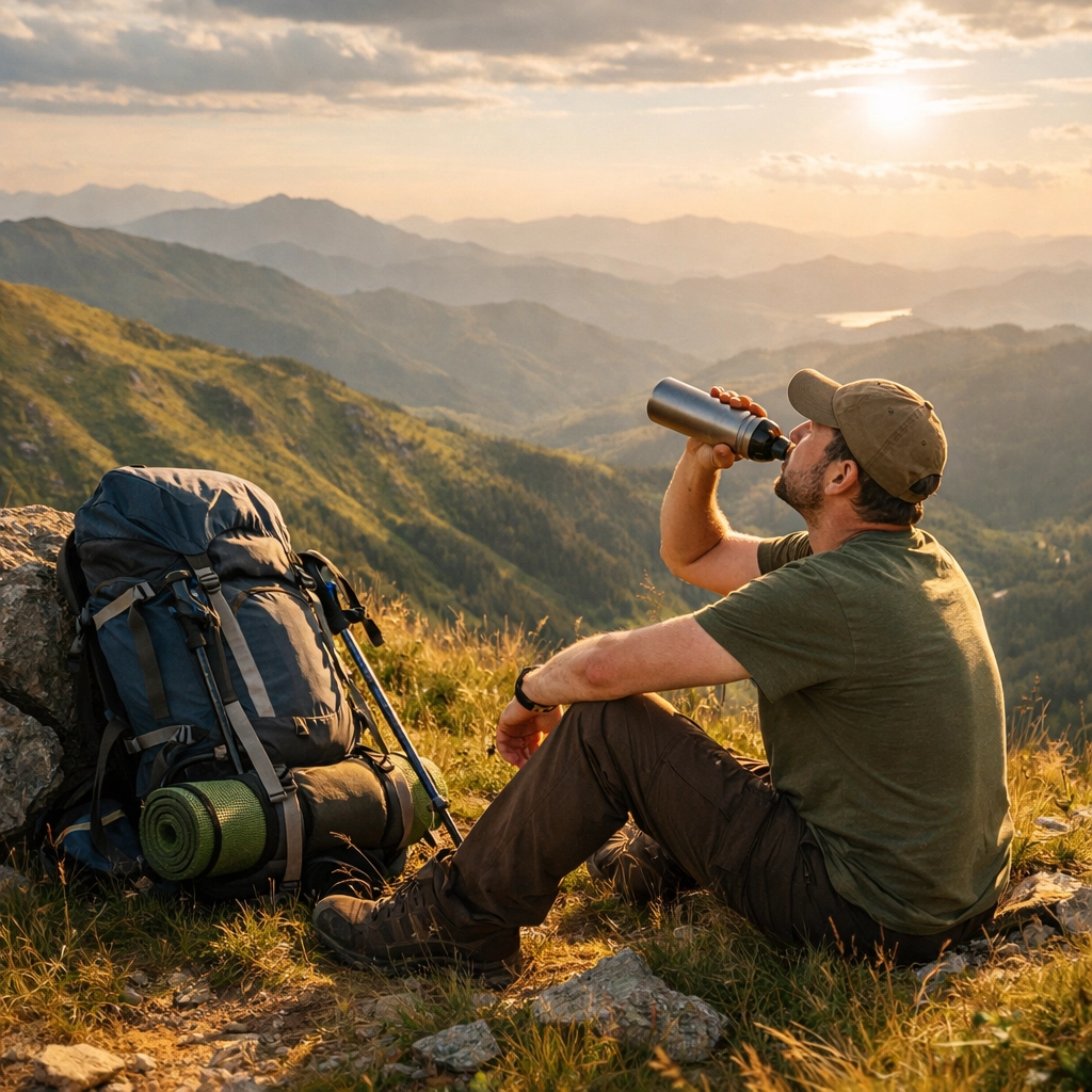 Hiker drinking water on a scenic ridge, staying hydrated during a guided wild camping adventure in the UK.