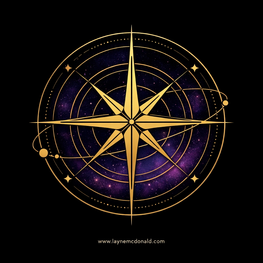A minimalist celestial compass over a circular galaxy, representing divine order and family leadership lessons.