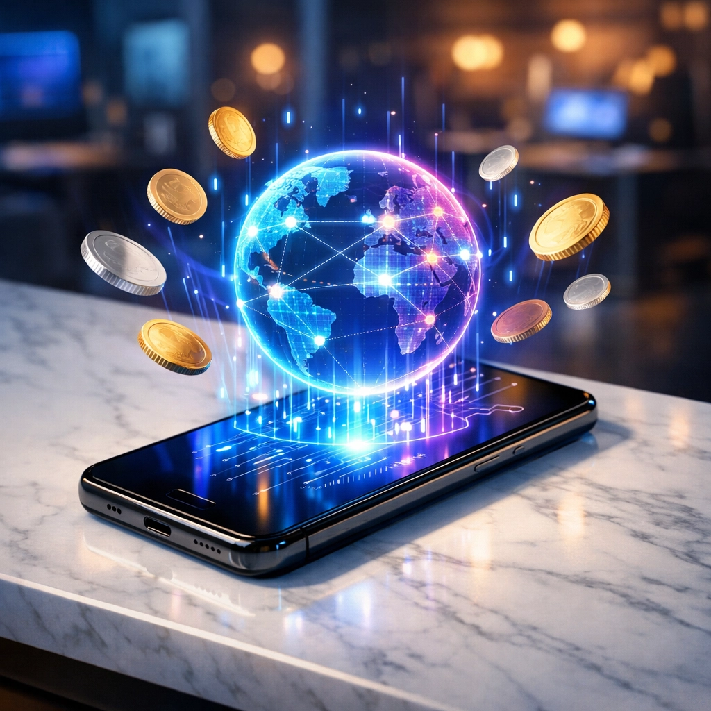 Smartphone showing a global crypto payment network for a self-custody merchant account in a high-tech setting.