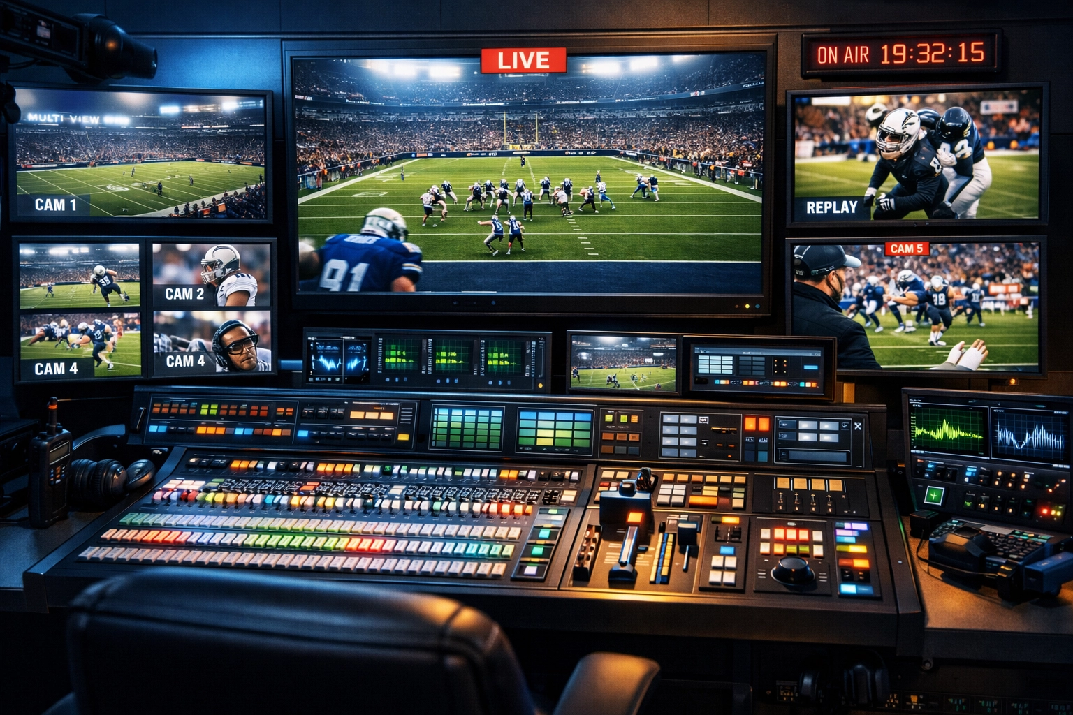 Sports broadcast control room with multiple monitors showing live football game