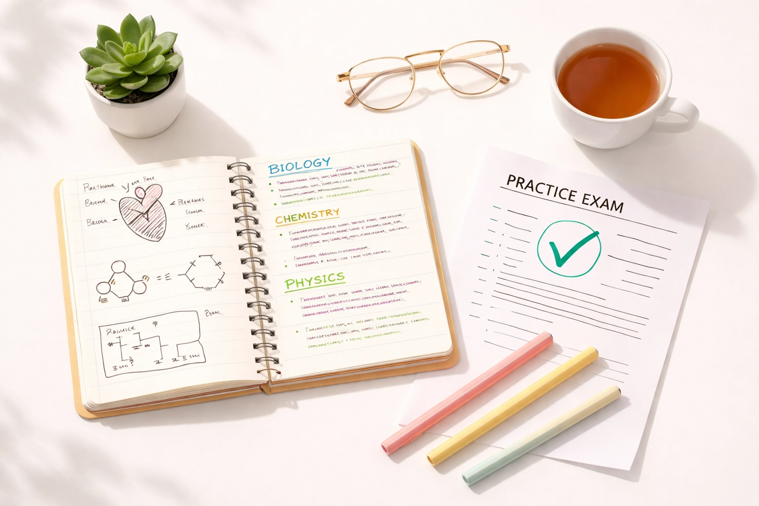 Revision notes, heart and molecule diagrams, and a checkmarked exam paper symbolising GCSE science confidence and readiness