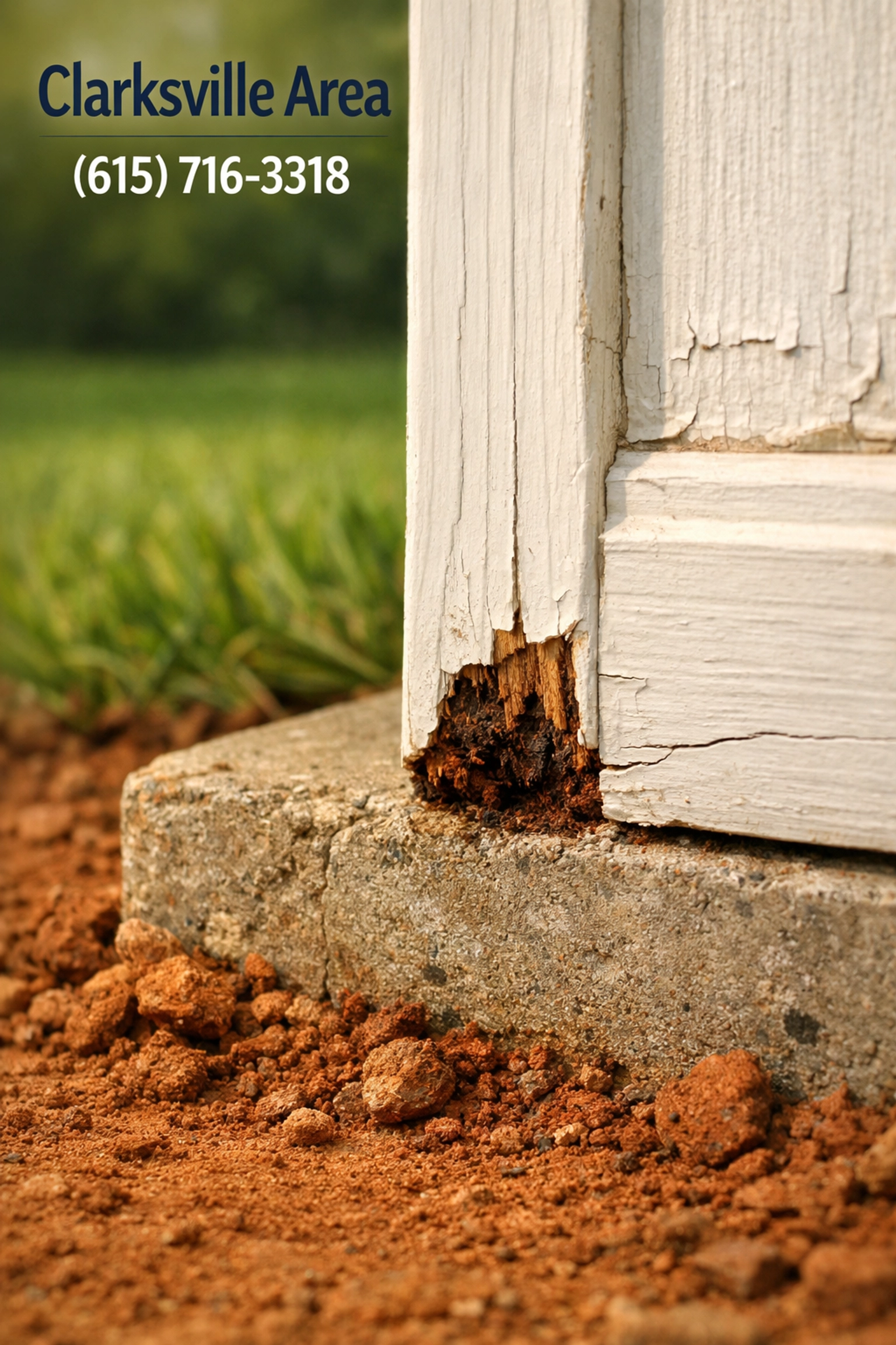 Wood rot and split caulk on a Clarksville home exterior door frame near the foundation.