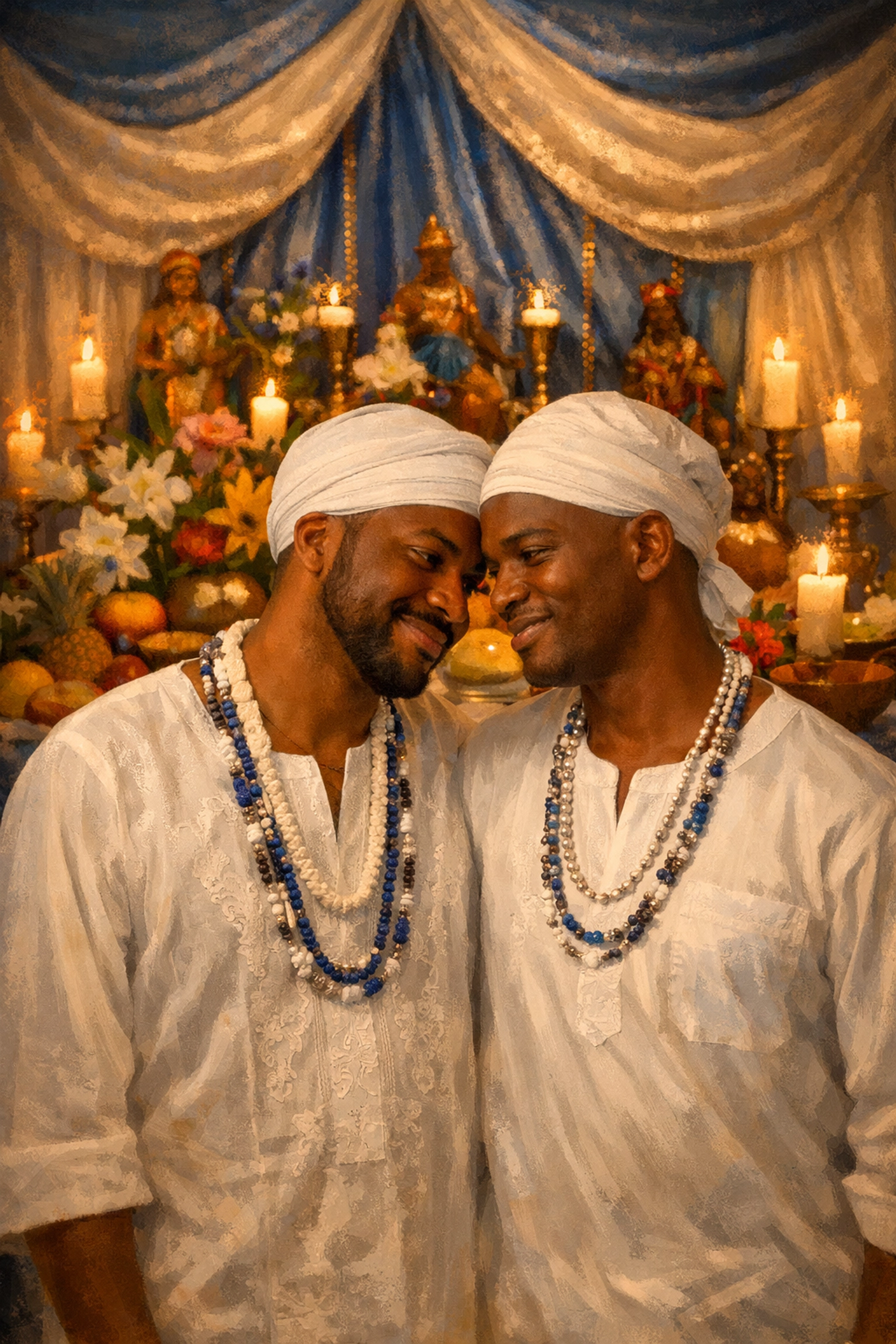 Gay Santero priests in white ritual clothing standing by a traditional Afro-Caribbean religious altar.
