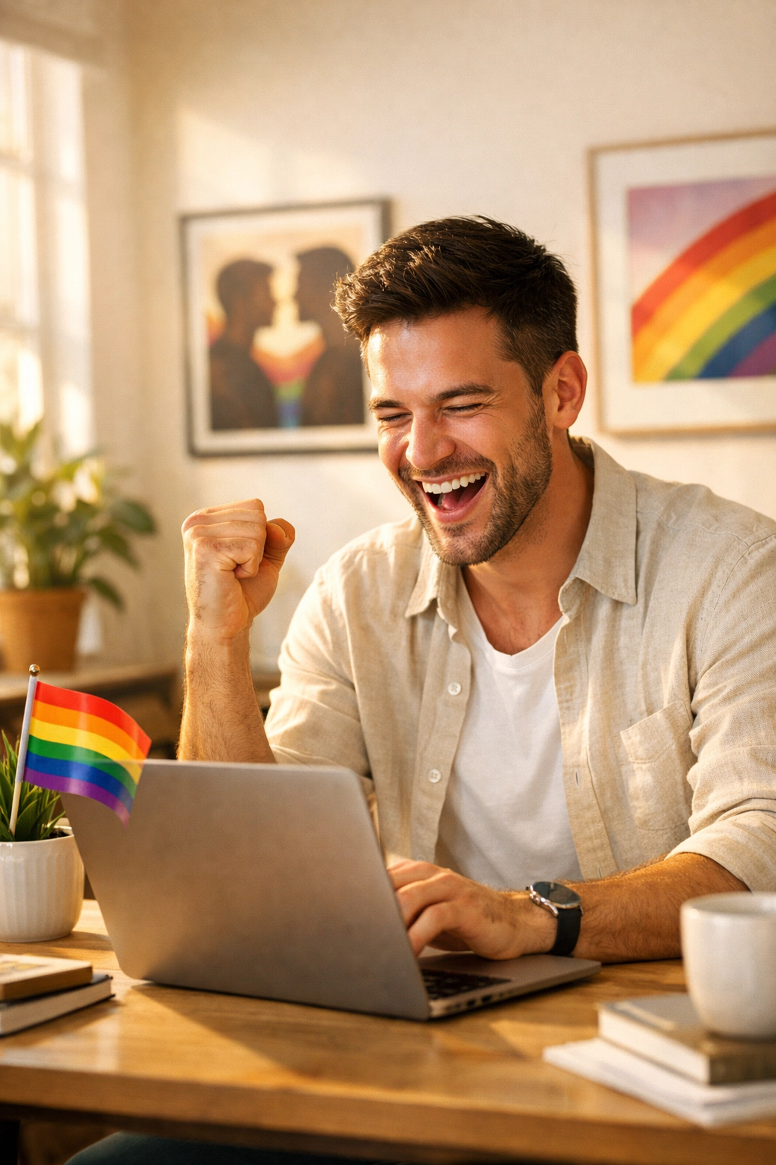 A successful MM romance author at a sun-drenched desk celebrating high royalty earnings.