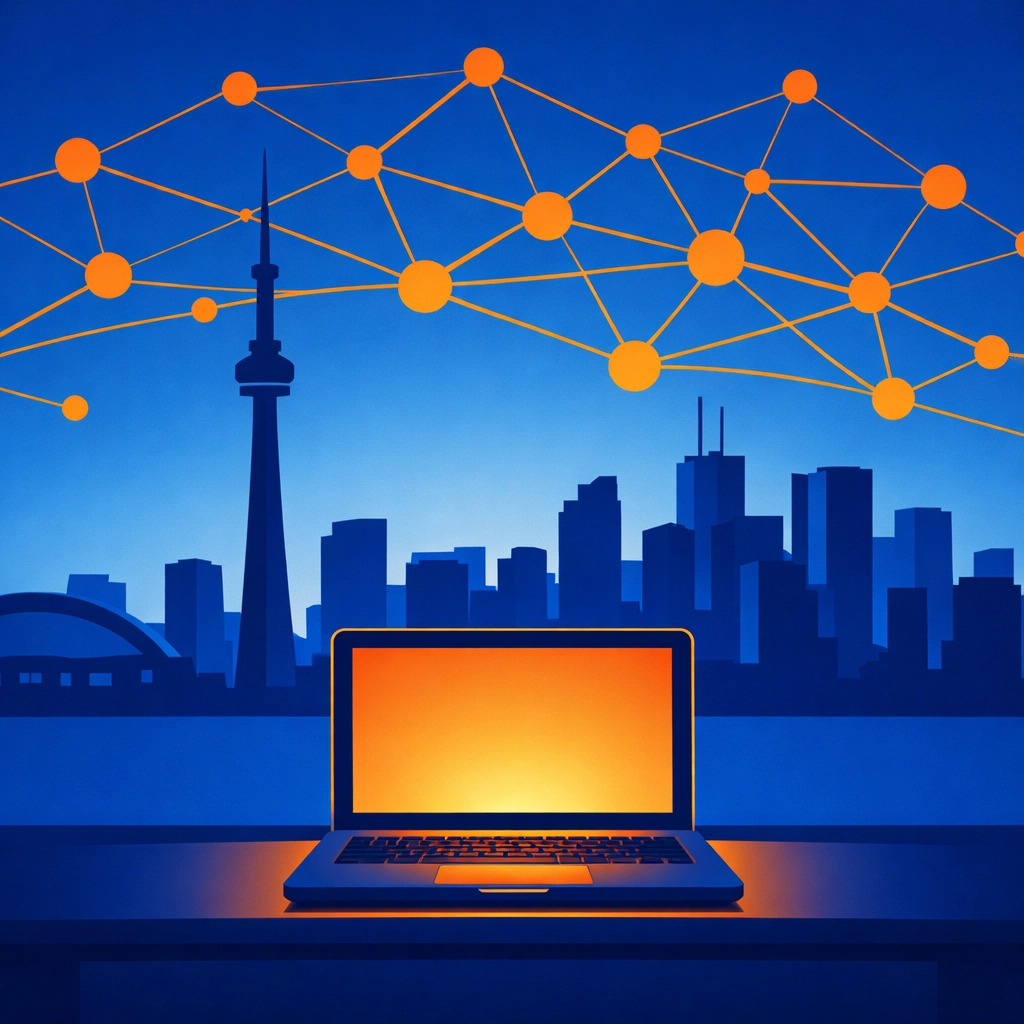 Managed IT services Toronto showing a digital network connecting the city skyline and remote offices.
