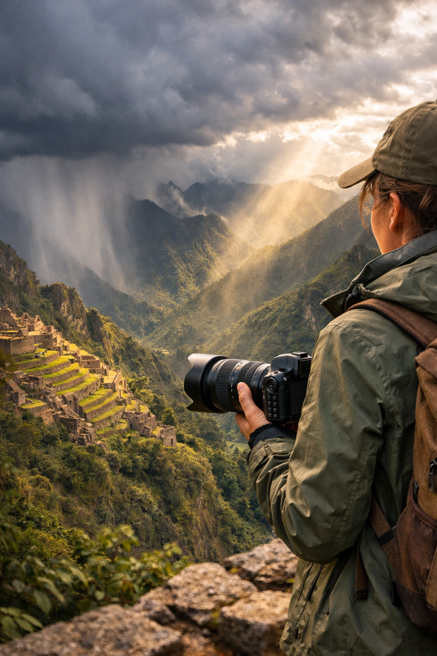 Traveler using professional camera gear to photograph the scenic Machu Picchu valley.