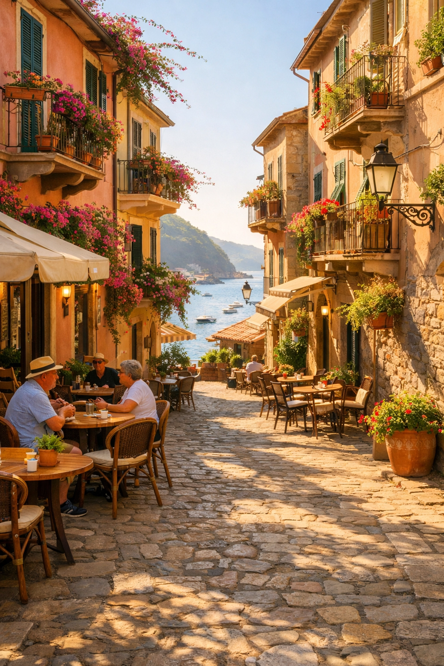 Peaceful Mediterranean village street during shoulder season with local cafes and flower balconies
