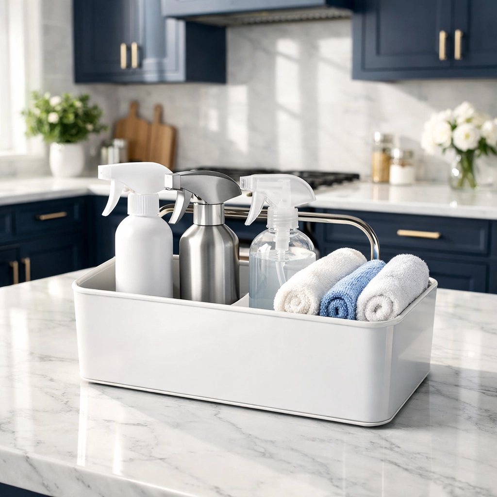 Organized luxury kitchen with white marble counters, reflecting efficient luxury house cleaning in Hamilton standards.
