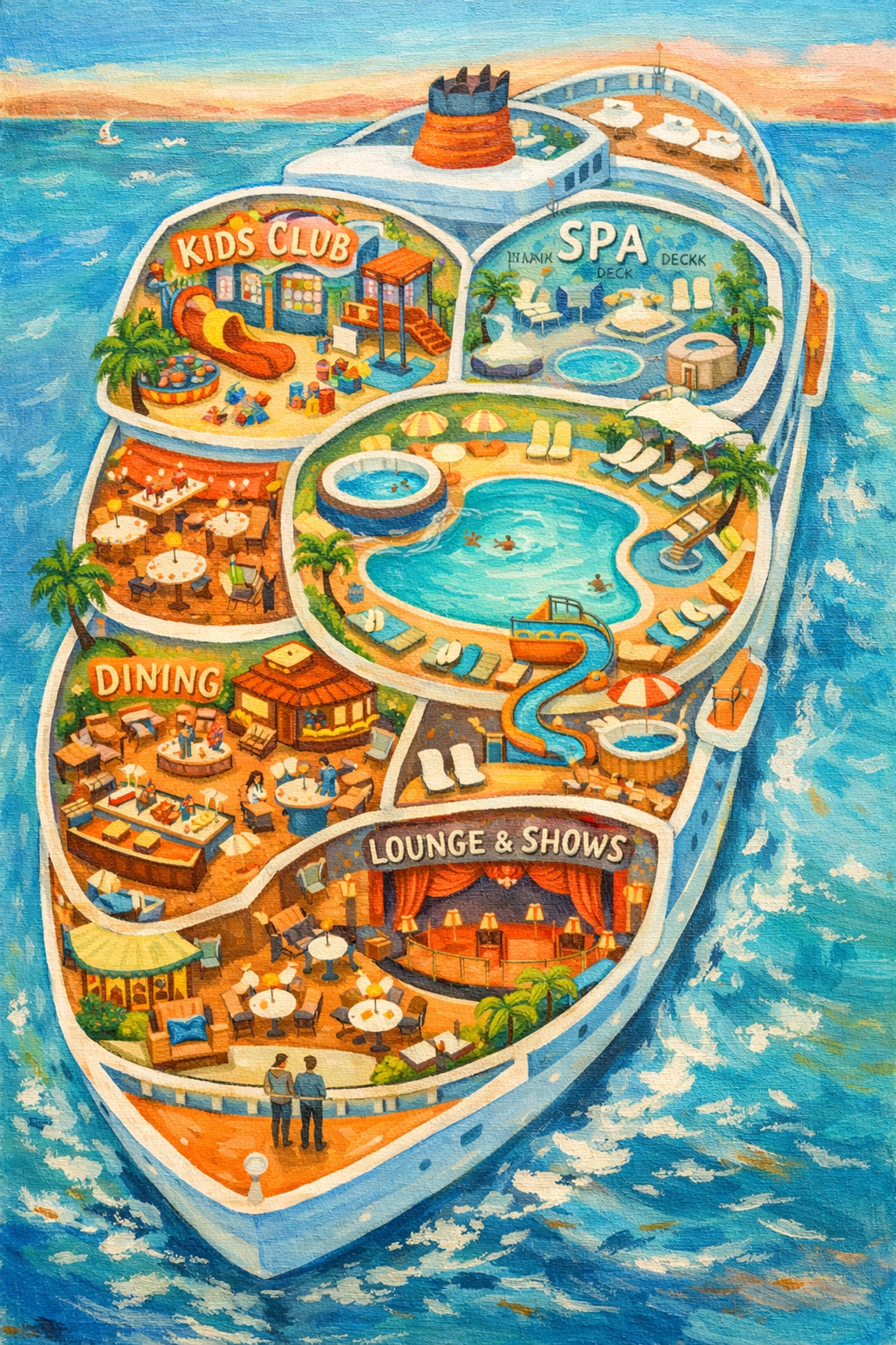 Overview of cruise ship amenities including kids club, spa, dining areas, and pools