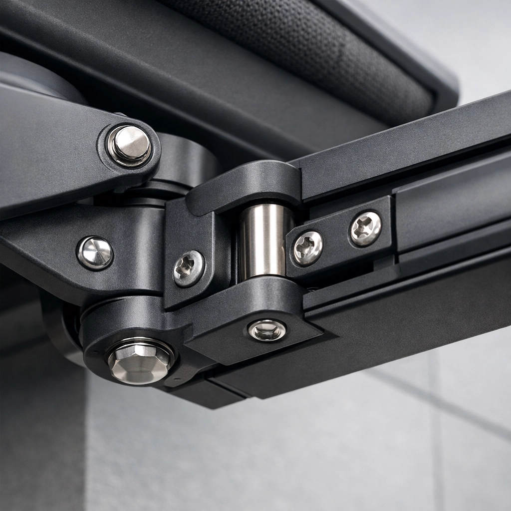 Technische Details einer windstabilen elektrischen Markise mit Führungsschiene aus Aluminium.