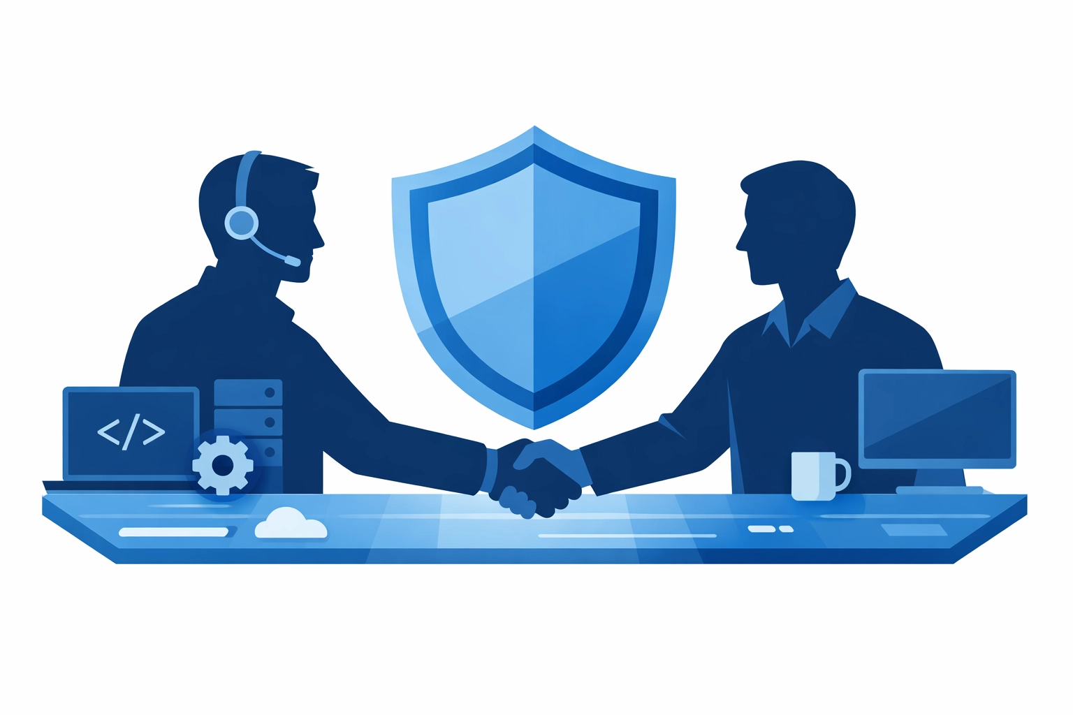IT professional and employee shaking hands behind a blue shield to build trust in security training.