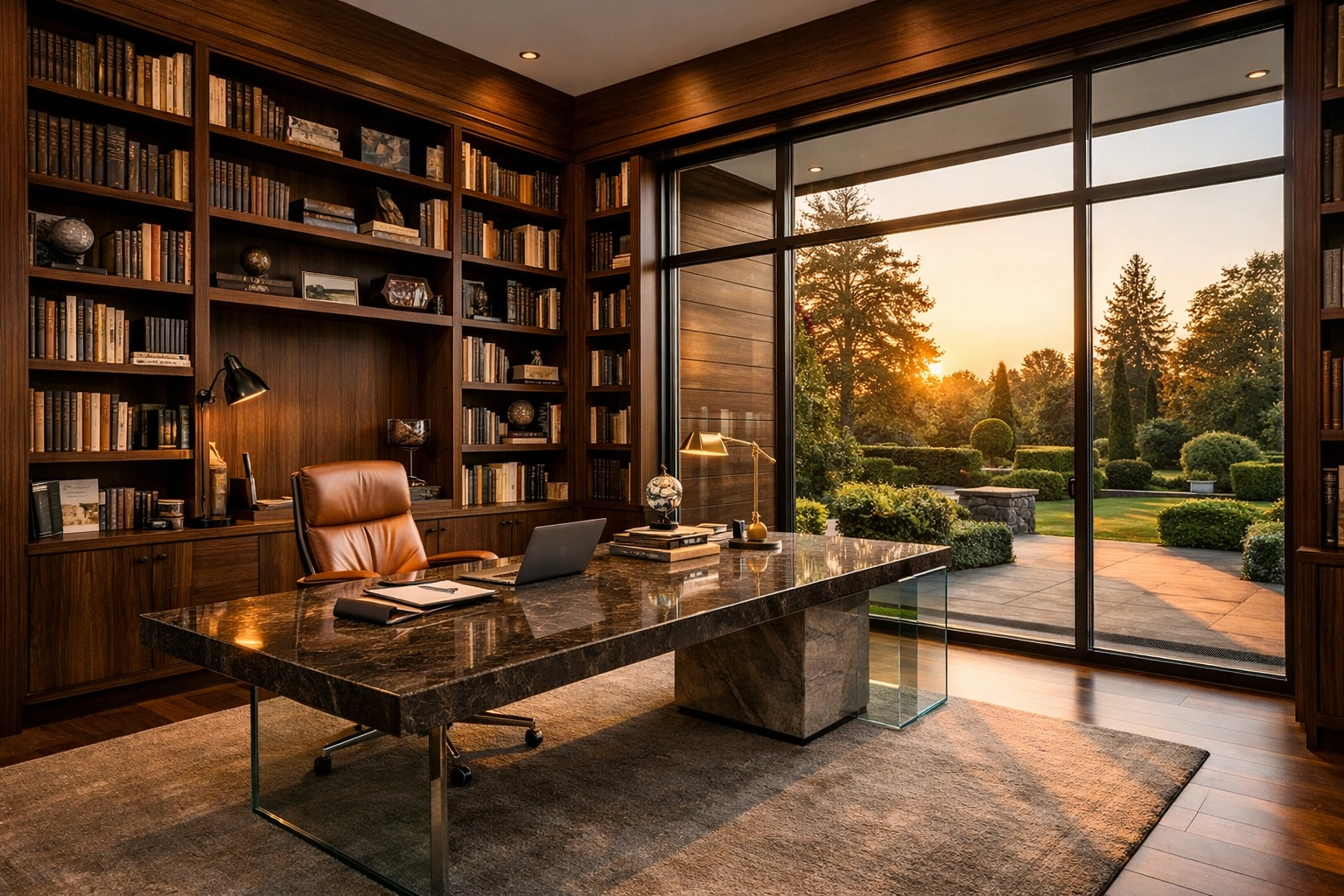Luxury home office with walnut bookshelves and garden views, symbolizing professional personal risk management.