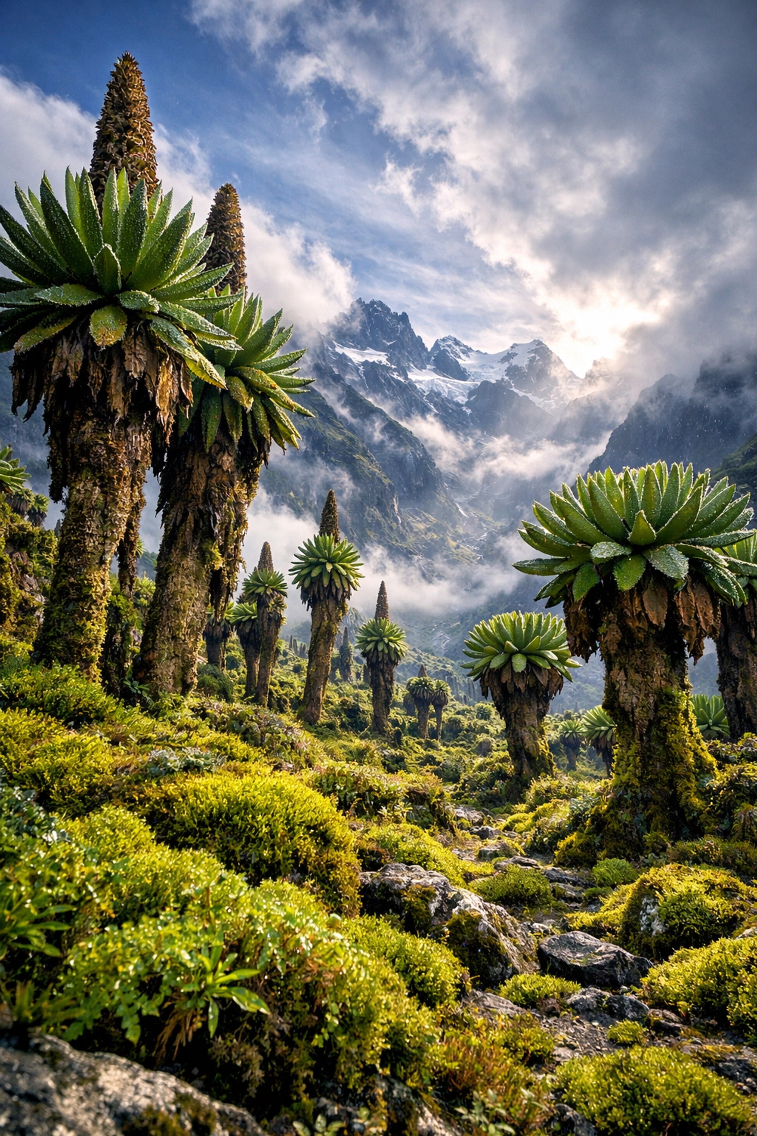 Giant lobelias and groundsels in Rwenzori Mountains alpine zone with misty glacier peaks
