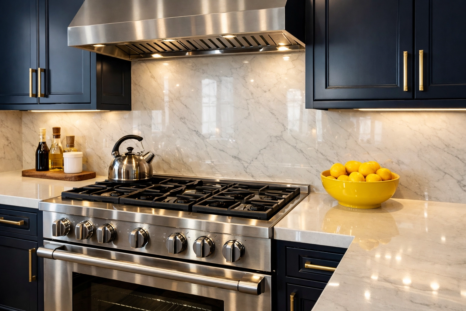 Detailed view of a sparkling luxury kitchen with spotless countertops from a deep cleaning in Stow, MA.
