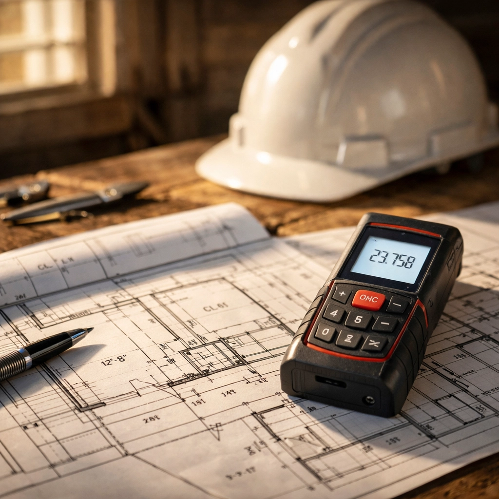 Detailed architectural blueprints and tools for a Bognor Regis construction project planning phase.