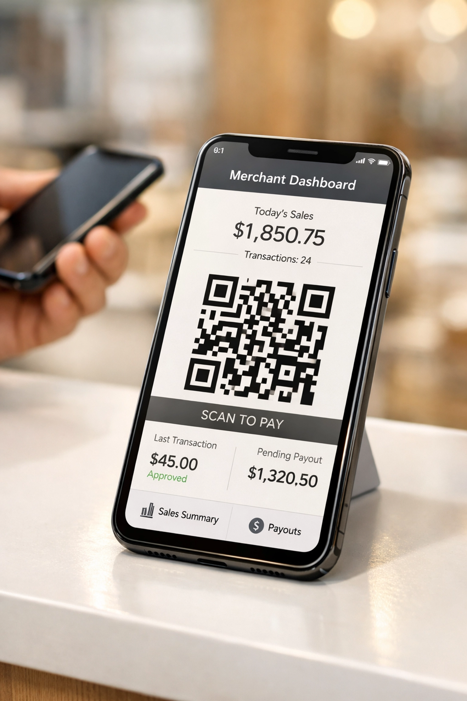 Smartphone displaying QR code crypto payment system for merchant point-of-sale transactions
