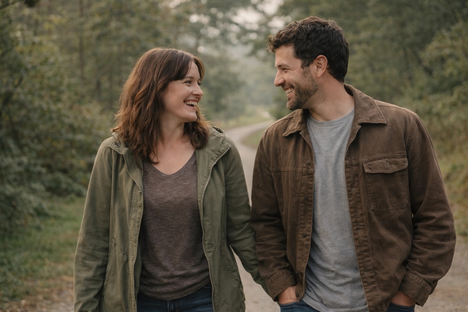 Couple walking together on forest path symbolizing healing journey in couples therapy