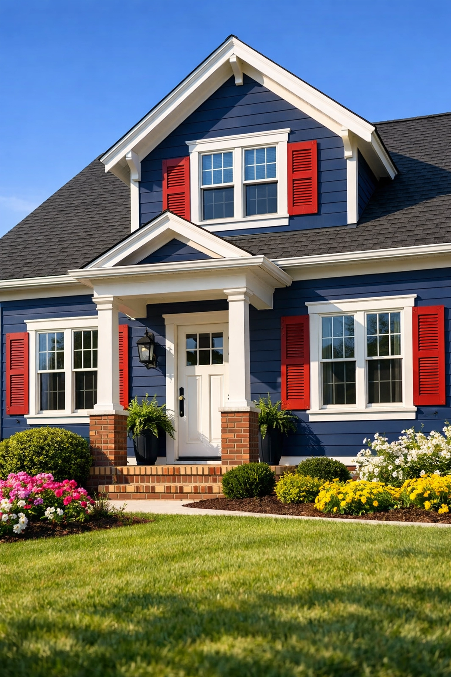 Freshly painted Gainesville home exterior with navy siding and white trim showing curb appeal