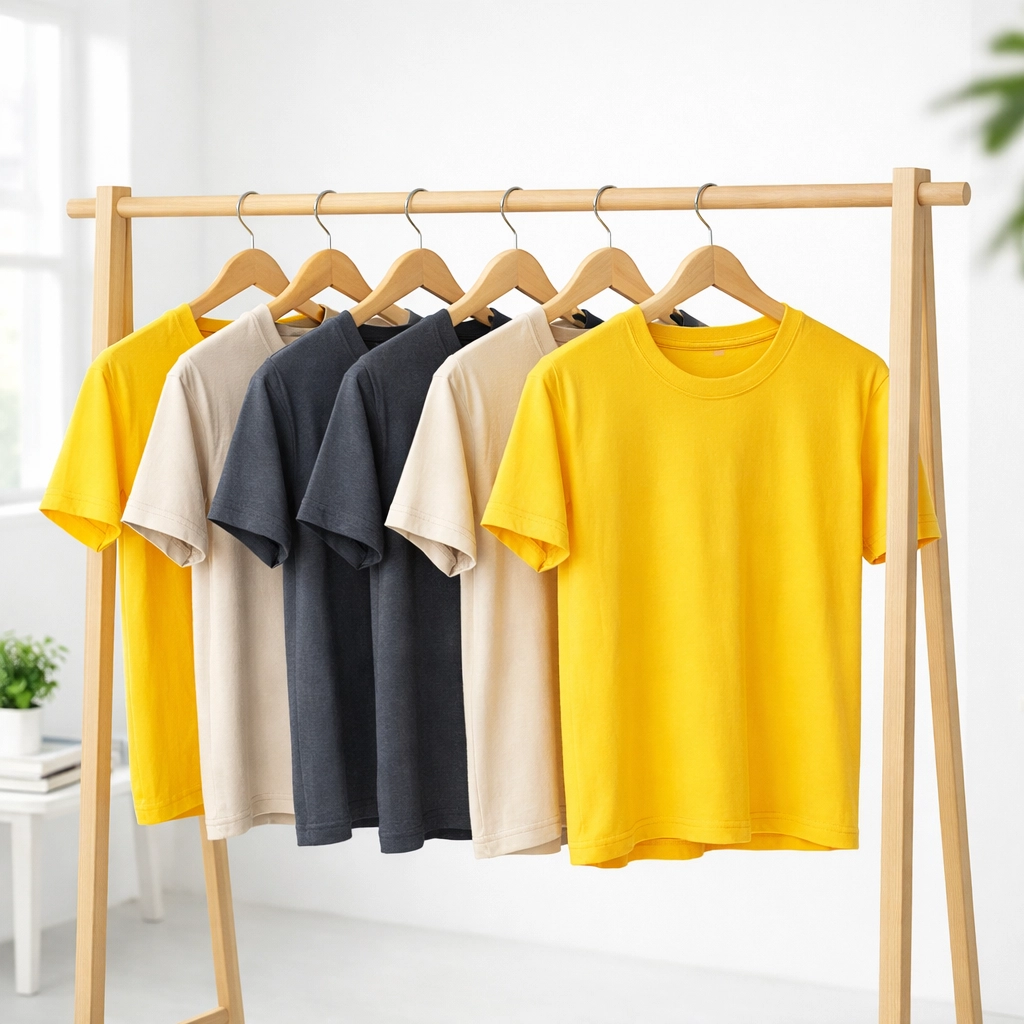 A modern display of various colored summer camp t shirts for early season ordering.