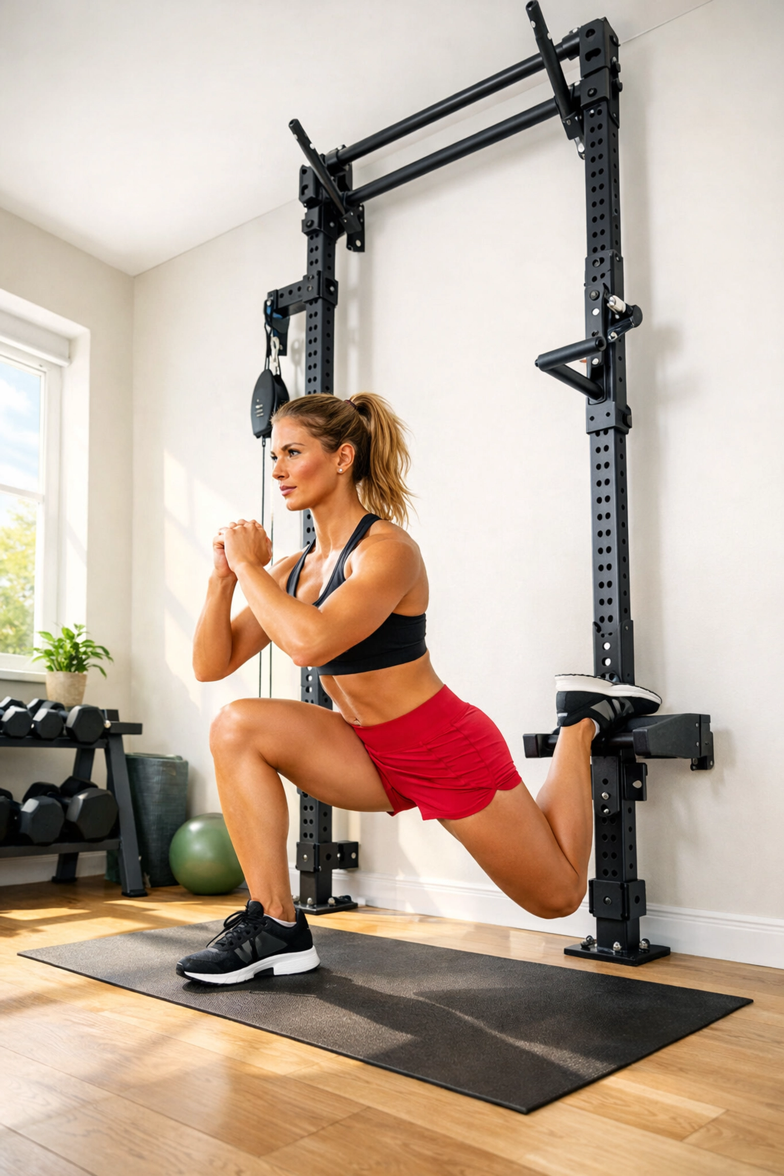 Female athlete performing Bulgarian split squats on a versatile home gym rail for a full body workout at home.
