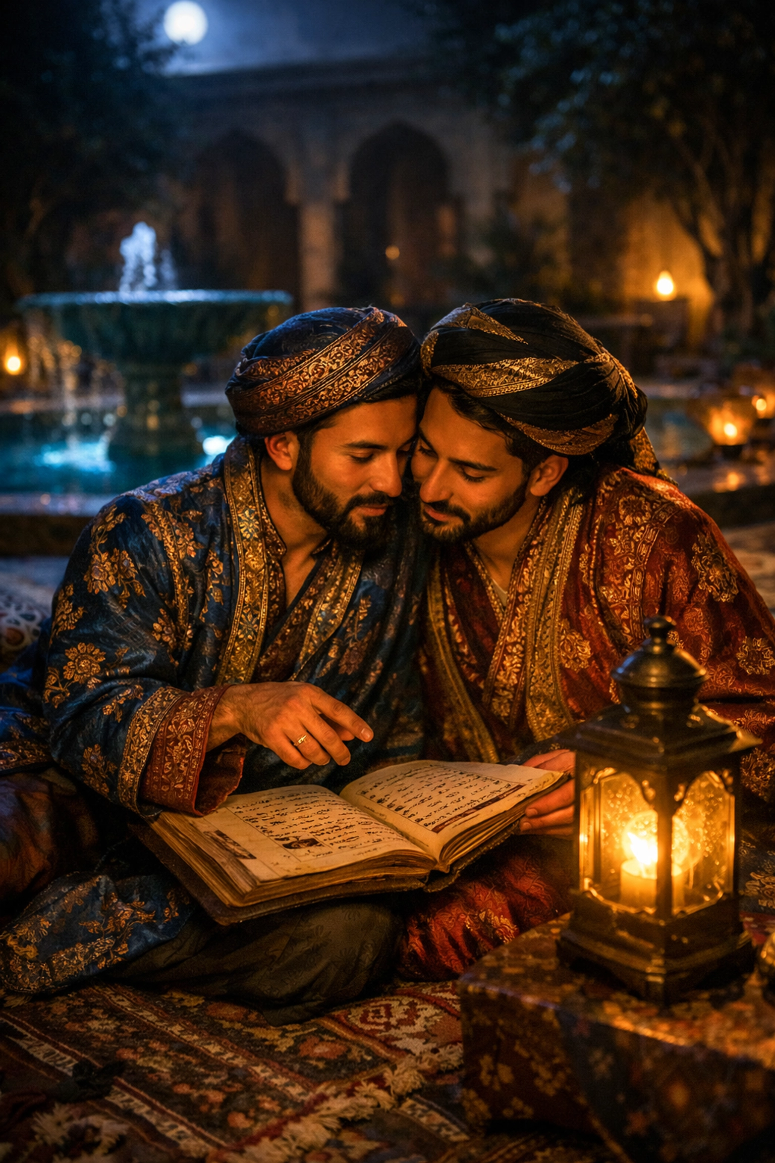Intimate moment between two men in traditional Afghan silk garments, evoking gay historical romance history.