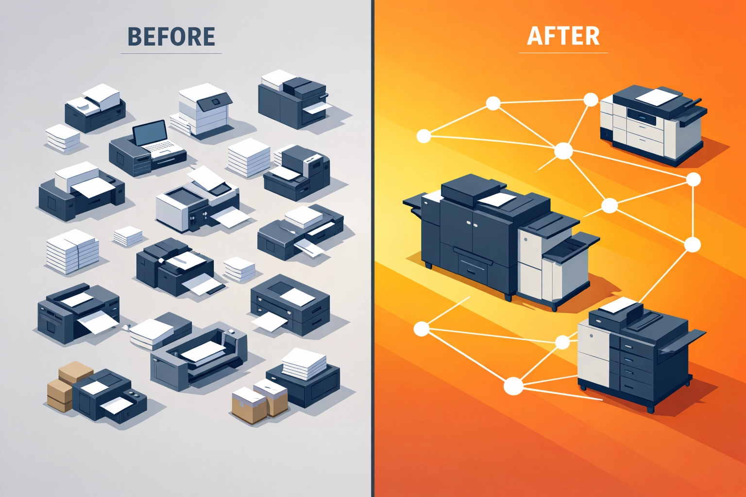 Before and after comparison of optimized print fleet consolidation strategy