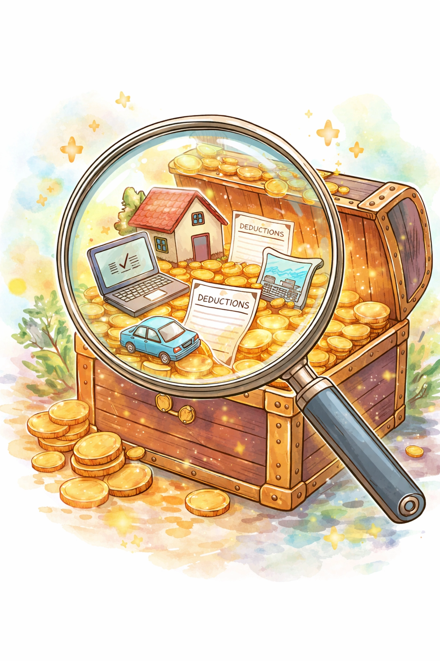 Magnifying glass discovering tax deductions like home office, travel, and equipment, highlighting ways small businesses can maximize tax savings.