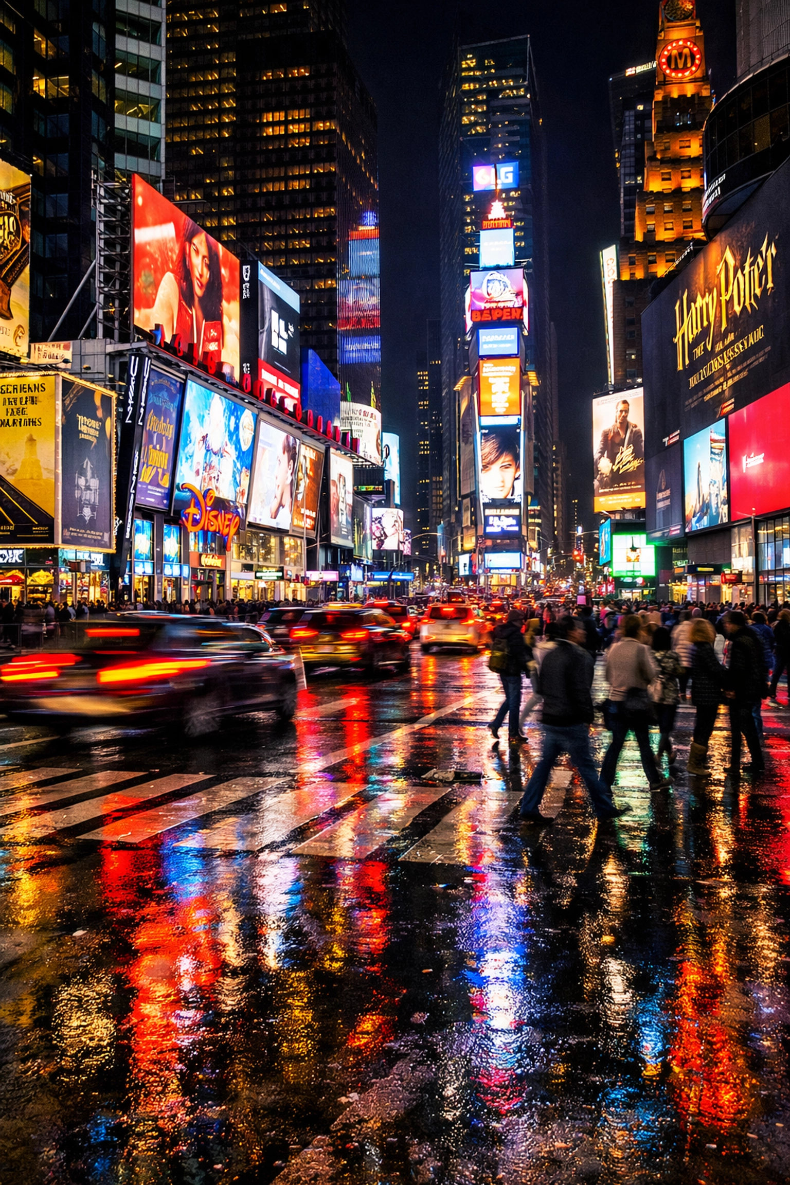 Times Square at night with vibrant neon billboards, busy streets, and reflections on wet pavement, capturing the energetic atmosphere of NYC.