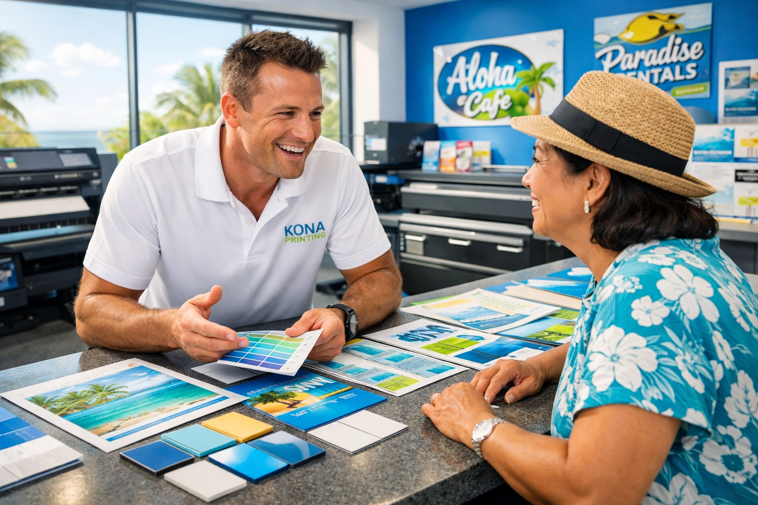Face-to-face consultation at Kona Impact with customer reviewing sign and print material samples