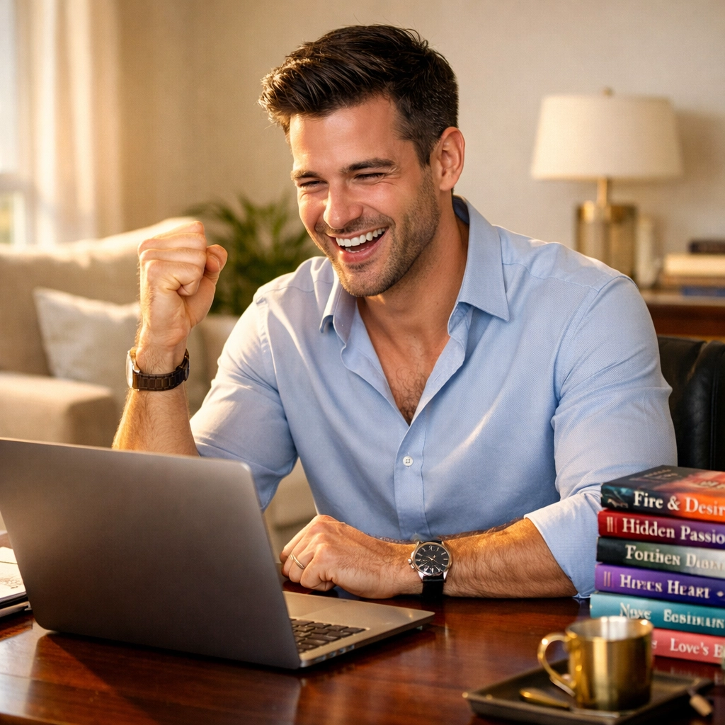 Successful gay author celebrating high royalty earnings at his home office desk.