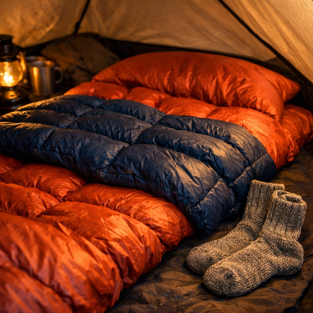 A down sleeping bag with a puffer jacket draped over it as an extra layer for warmth while wild camping.
