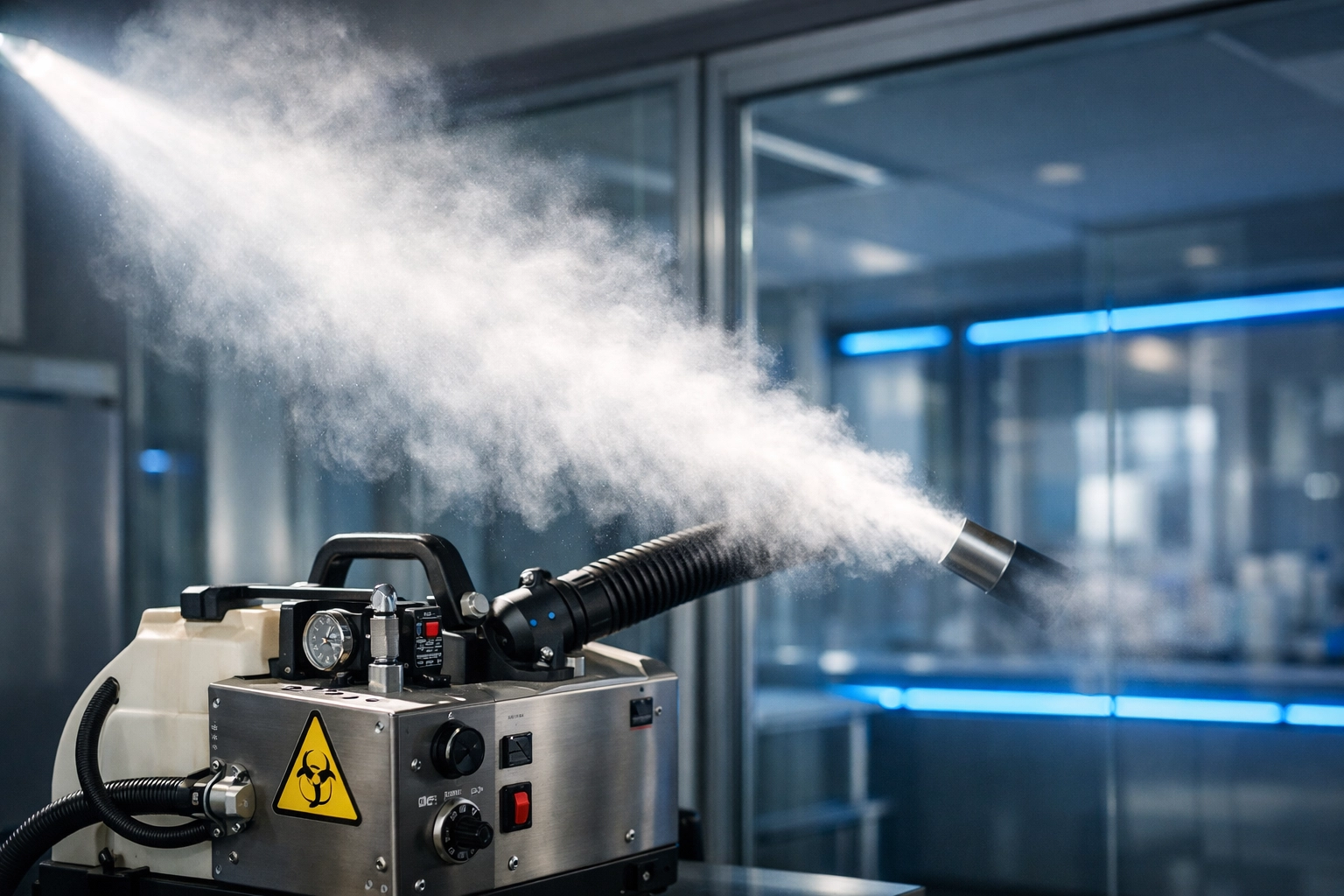 Industrial fogging machine used for professional biohazard cleaning and air disinfection.