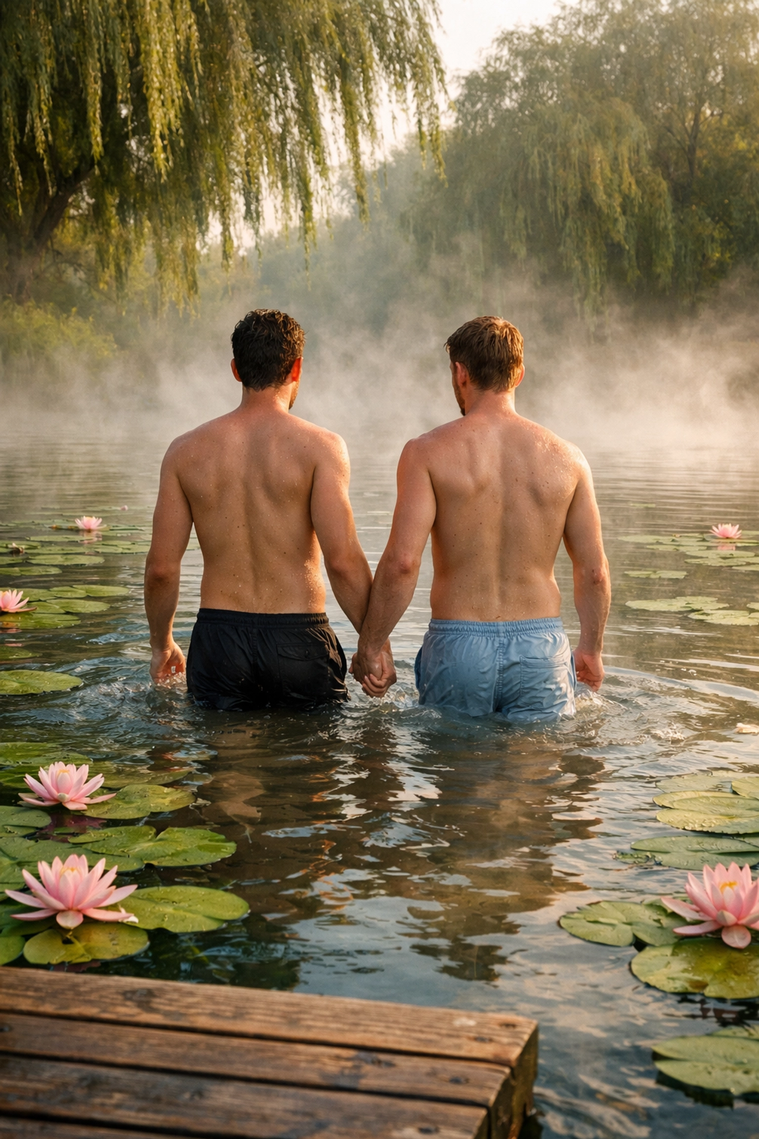 Gay couple entering Lake Hévíz thermal water with lily pads in Hungary