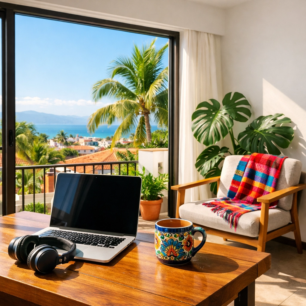 Sun-drenched Puerto Vallarta condo rental with a workspace for solo digital nomads and tropical views.