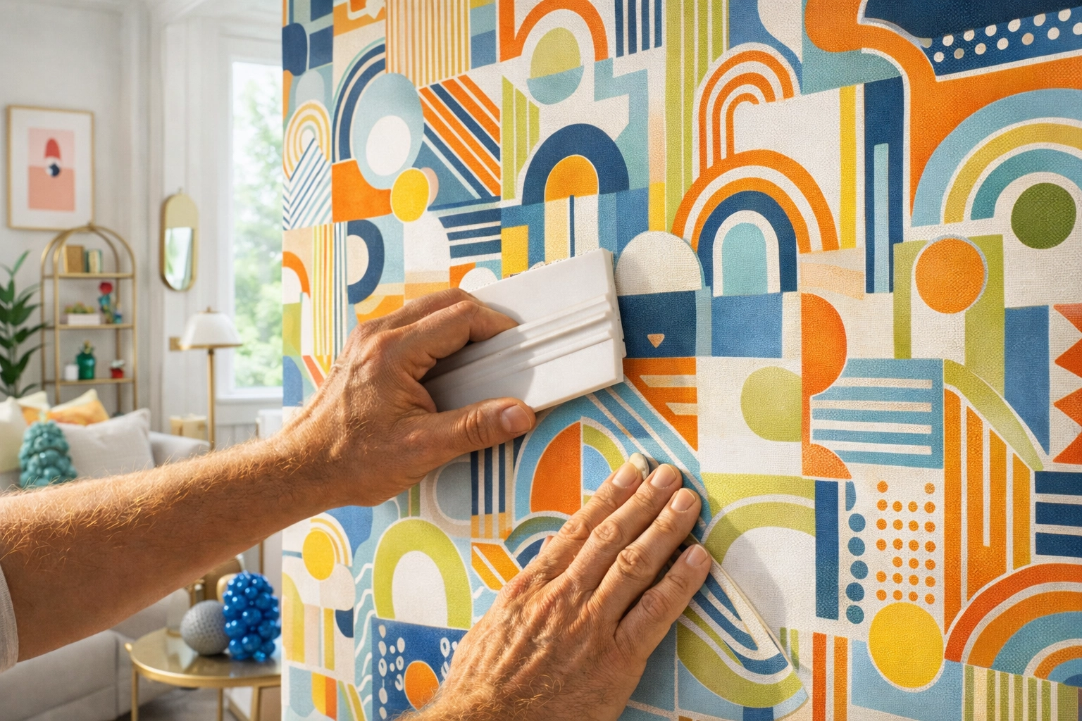 Hands smoothing peel and stick wallpaper onto wall with squeegee tool during installation process