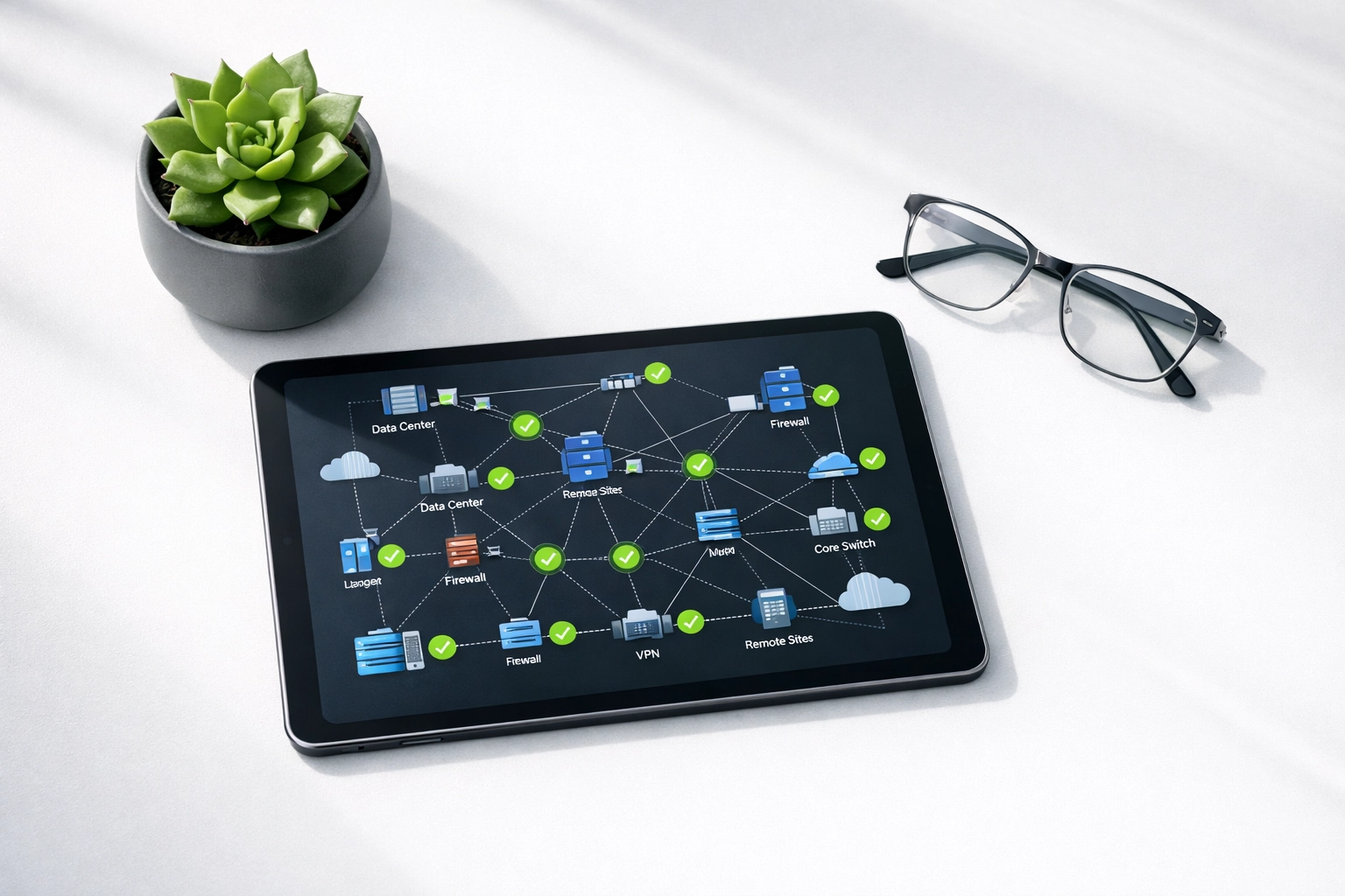A secure network topology map on a tablet, symbolizing managed IT services and support in Santa Barbara.