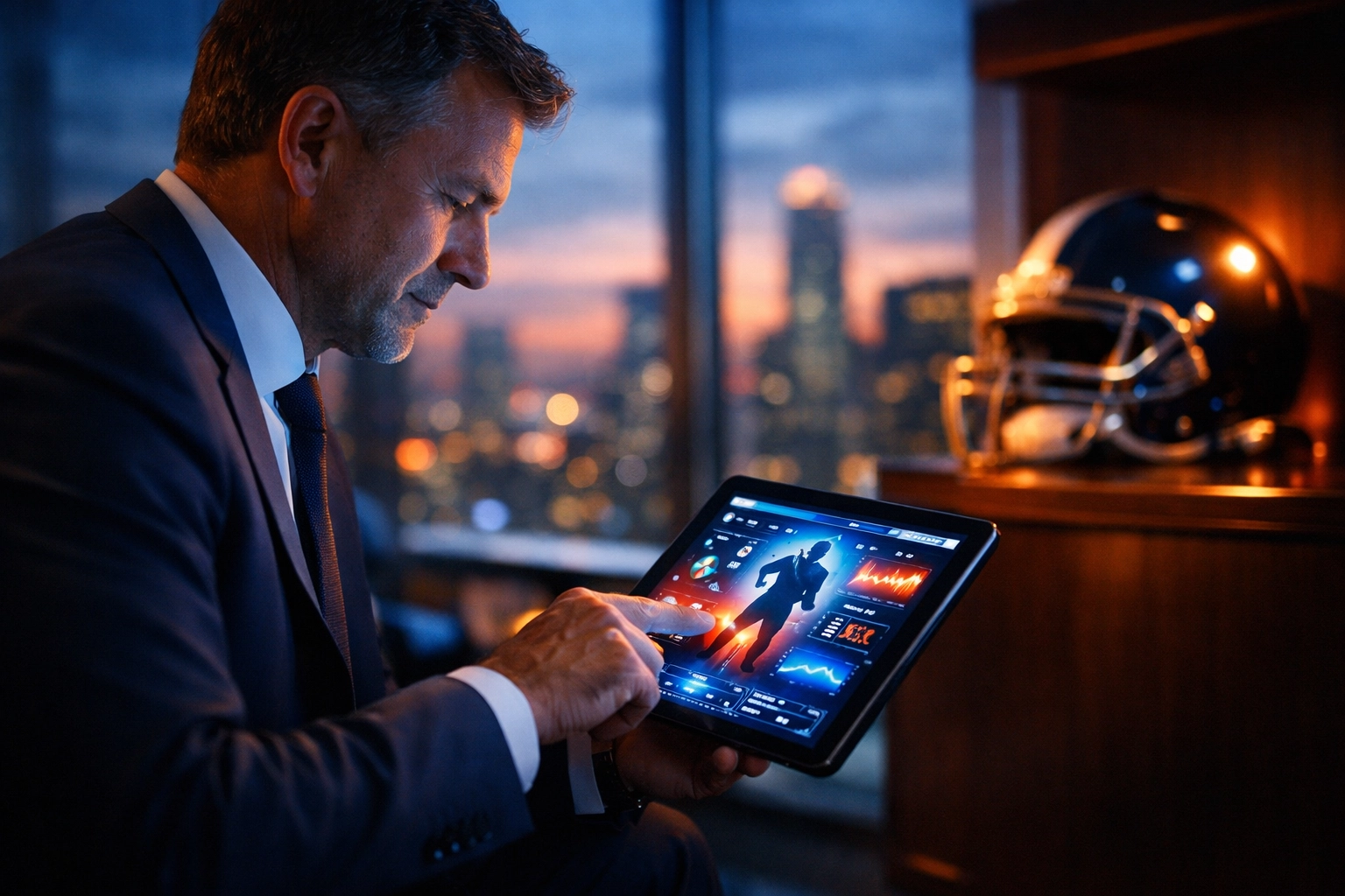 Professional sports executive reviewing athlete analytics on a tablet for a high-performance NIL strategy.