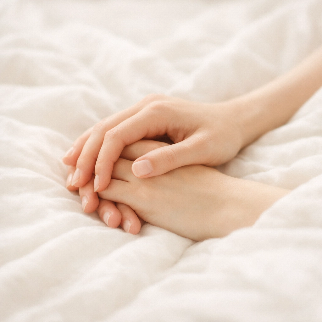 Close-up of two hands intertwined on white sheets, symbolizing trust and deep connection in a relationship.