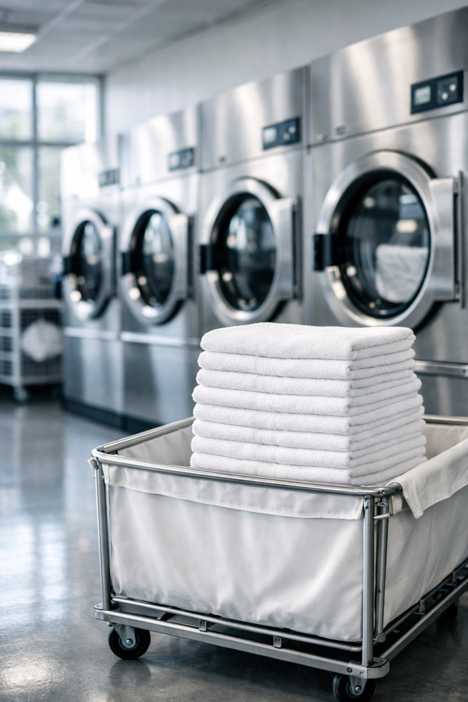 Modern commercial laundry room with industrial dryers for hotels and healthcare facilities in Rockford, IL.