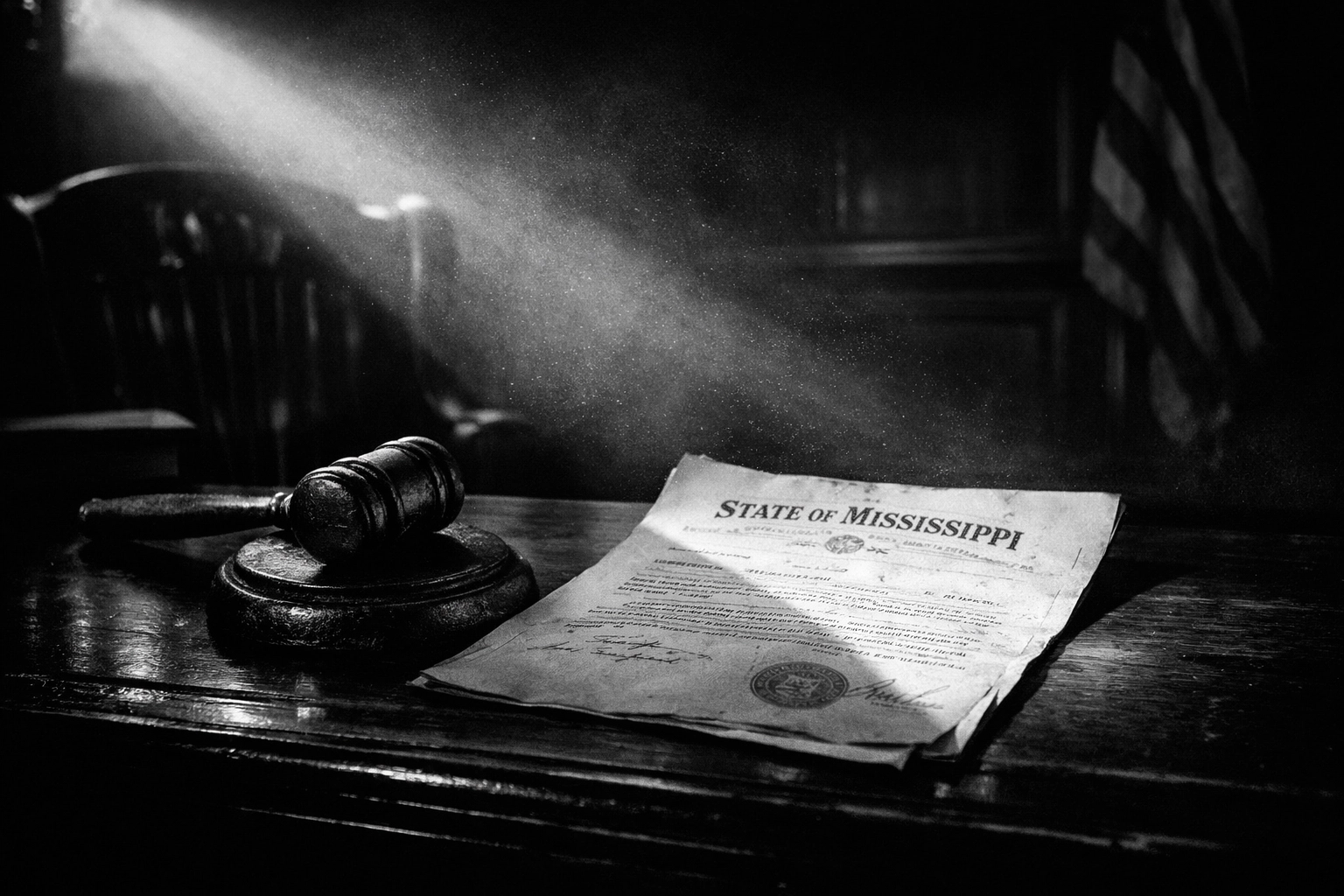 1938 Mississippi courtroom gavel and legal papers, marking Vernon Presley’s sentencing in May 1938